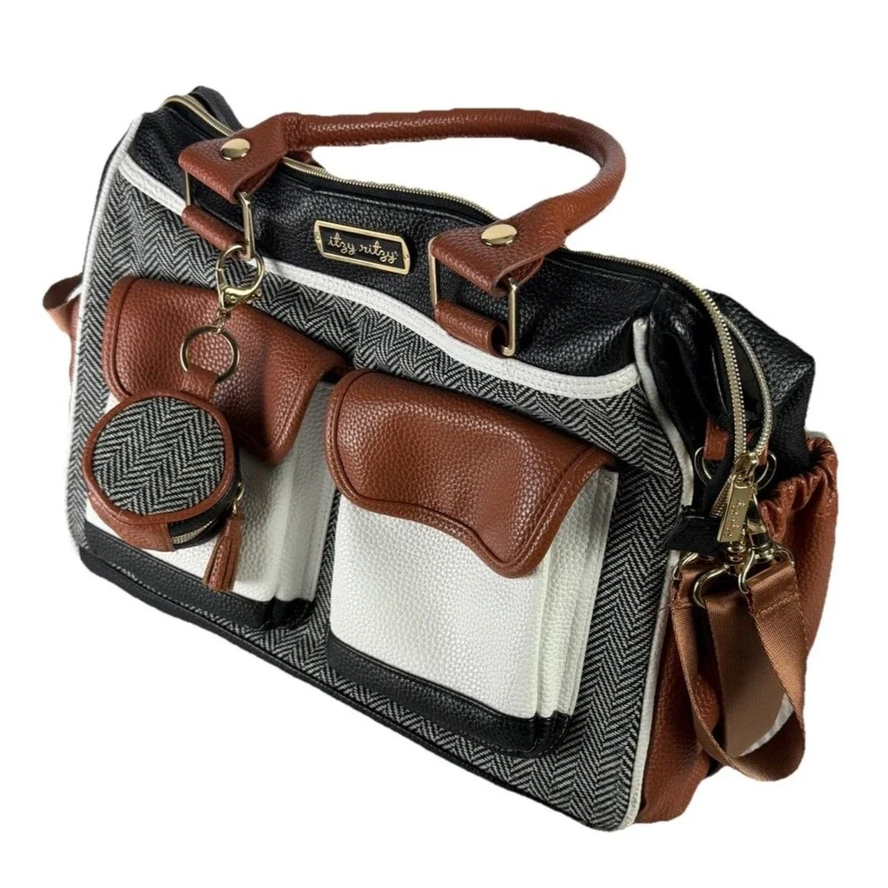 Itzy Ritzy Triple Threat Convertible Diaper Bag Coffee Cream Herringbone EUC